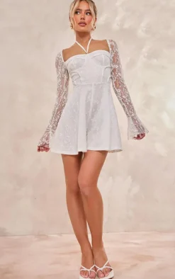 White Floral Mesh Long Sleeve Square Neck Romper