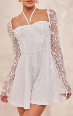 White Floral Mesh Long Sleeve Square Neck Romper