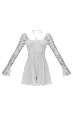 White Floral Mesh Long Sleeve Square Neck Romper