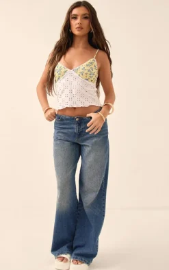 White Floral Print Bust Broderie Cami Top