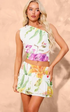 White Floral Print Chiffon One Shoulder Top