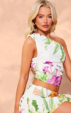 White Floral Print Chiffon One Shoulder Top