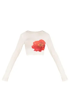 White Floral Print Long Sleeve Top