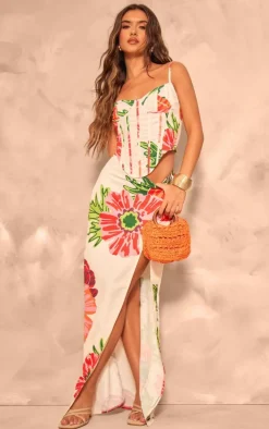 White Floral Printed Thigh High Split Maxi Skirt