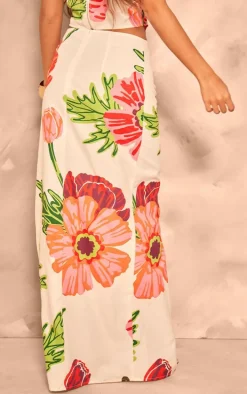 White Floral Printed Thigh High Split Maxi Skirt