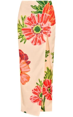 White Floral Printed Thigh High Split Maxi Skirt