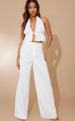 White Floral Rose Jacquard High Waist Tailored Pants