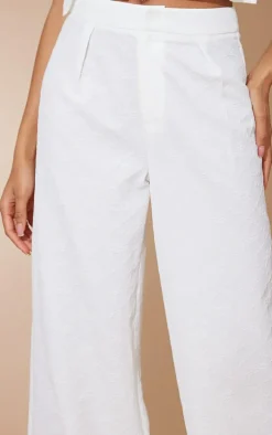 White Floral Rose Jacquard High Waist Tailored Pants