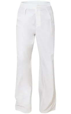 White Floral Rose Jacquard High Waist Tailored Pants