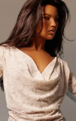 White Floral Sheer Burnout Cowl Neck Bodycon Dress