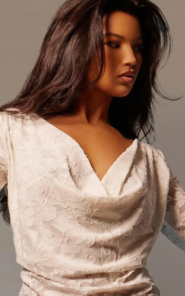 White Floral Sheer Burnout Cowl Neck Bodycon Dress