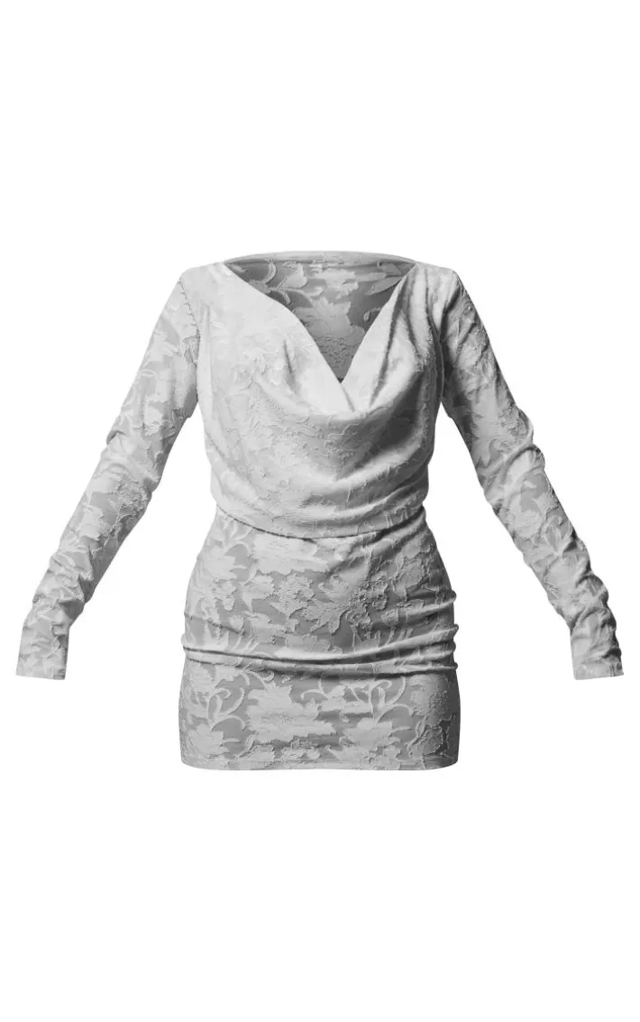 White Floral Sheer Burnout Cowl Neck Bodycon Dress