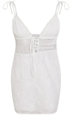 White Floral Soft Textured Lace Up Plunge Shift Dress