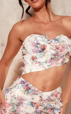 White Floral Textured Ruched Cut Out Maxi Dress