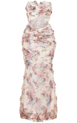 White Floral Textured Ruched Cut Out Maxi Dress