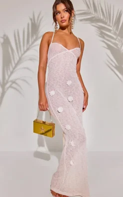 White Flower Applique Knit Maxi Beach Dress