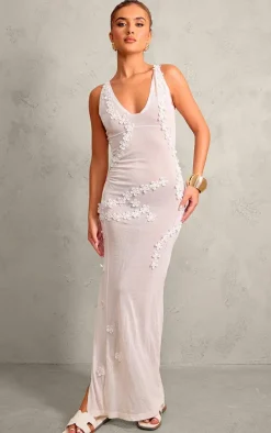 White Flower Applique Sheer Maxi Dress