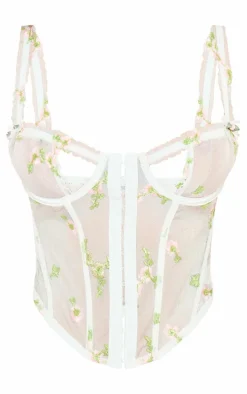 White Flower Embroidered Mesh Hook And Eye Corset