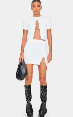 White Fluffy Knit Embellished Mini Skirt
