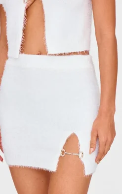 White Fluffy Knit Embellished Mini Skirt