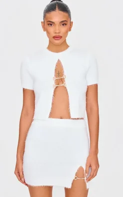 White Fluffy Knit Embellished Top