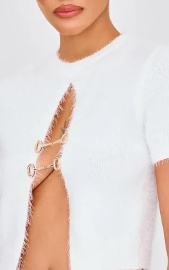 White Fluffy Knit Embellished Top