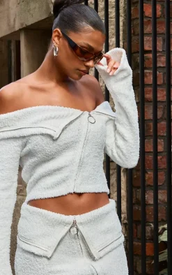 White Fluffy Knit Fold Over Zipped Crop Jacket