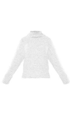 White Fluffy Roll Neck Knit Sweater