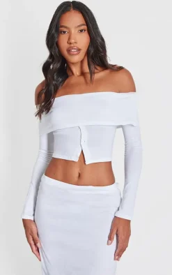 White Foldover Button Detail Off The Shoulder Top