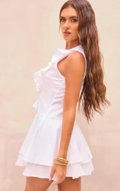 White Frill Detail Plunge Shift Dress
