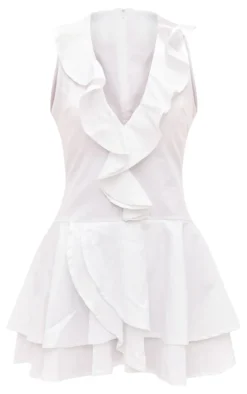 White Frill Detail Plunge Shift Dress