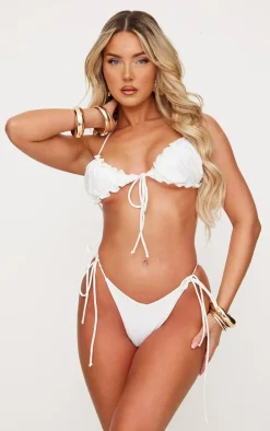 White Frill Edge Detail Tie Front Bikini Top