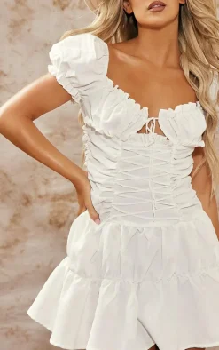 White Frill Lace Up Puff Sleeve Shift Dress