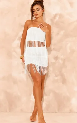 White Fringe Bandeau Beach Top