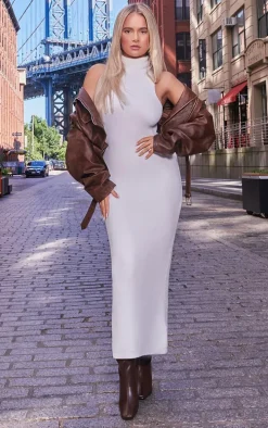 White Funnel Neck Super Soft Knit Maxi Dress