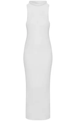 White Funnel Neck Super Soft Knit Maxi Dress