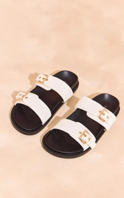 White Grain PU Round Toe Double Buckle Strap Footbed Sandals