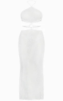 White Halter Neck Cut Out Fishnet Beach Dress