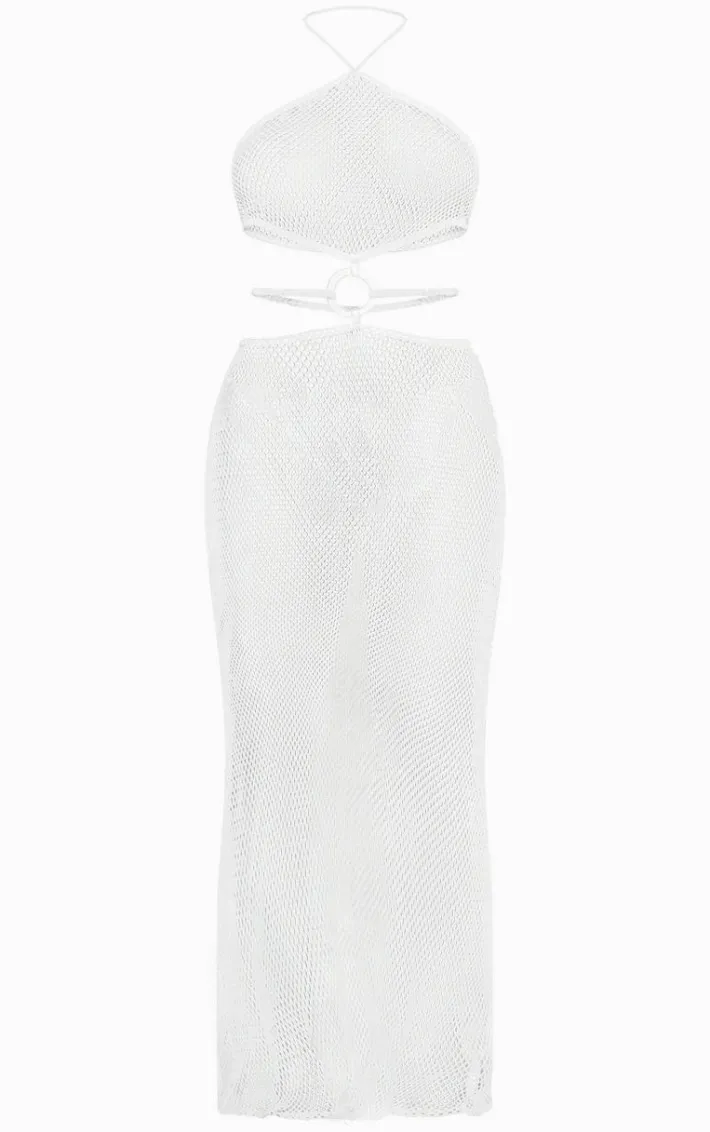 White Halter Neck Cut Out Fishnet Beach Dress