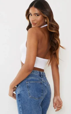 White Halter neck Jersey Crop Top