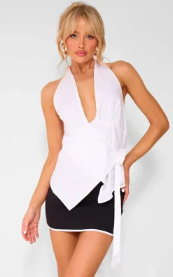 White Halter Neck Wrap Bow Tie Cami Top