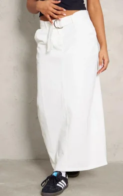 White Heavy Twill Belted Midaxi Skirt