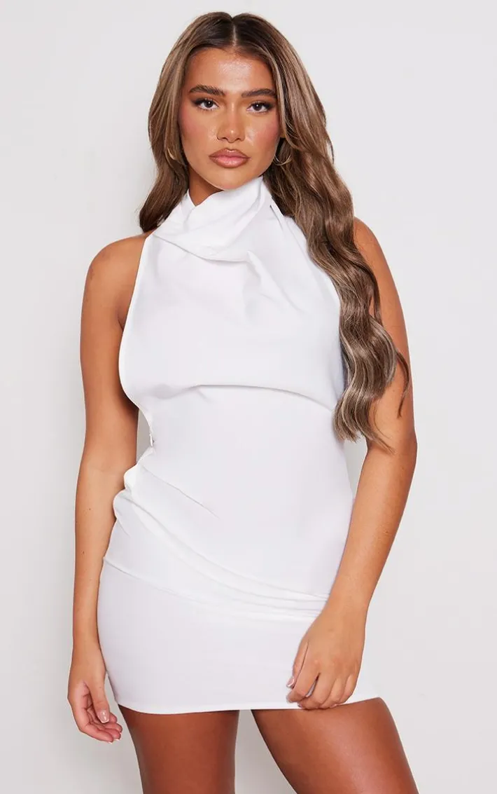 White High Neck Cowl Backless Bodycon Dress