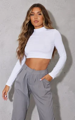 White High Neck Long Sleeve Crop Top