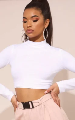 White High Neck Long Sleeve Crop Top