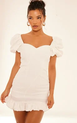 White Jacquard Puff Sleeve Dress