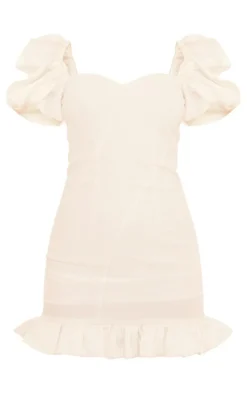 White Jacquard Puff Sleeve Dress
