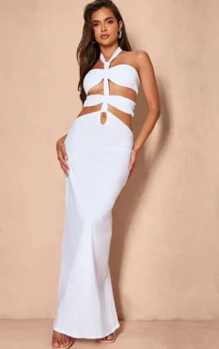 White Jersey Halterneck Knot Front Cut Out Maxi Dress