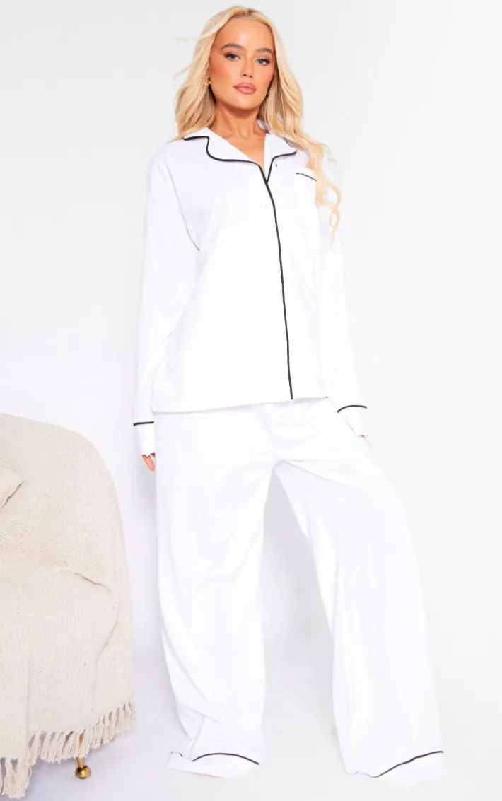 White Jersey Piping Detail Long PJ Set