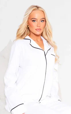 White Jersey Piping Detail Long PJ Set